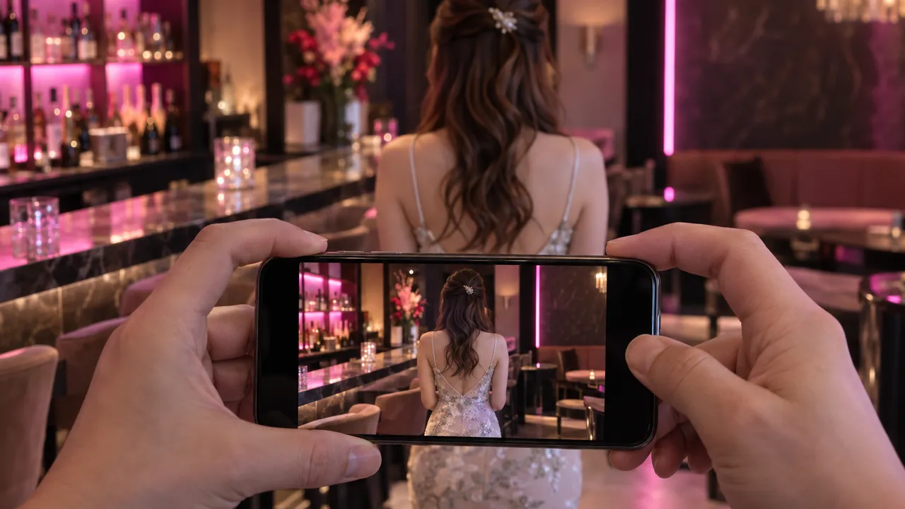 開店前の店内で、スマートフォンを横向きに構えてドレス姿の人の後ろ姿を撮影する手元
