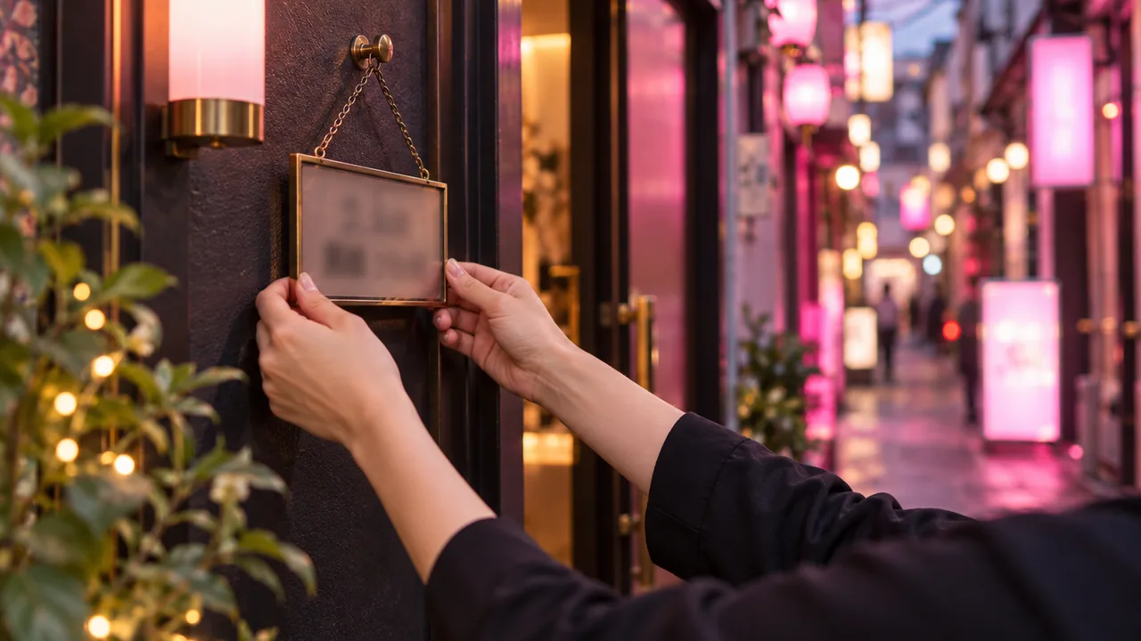 宵の街で、店の入口に掛かった営業時間の札を整える手元