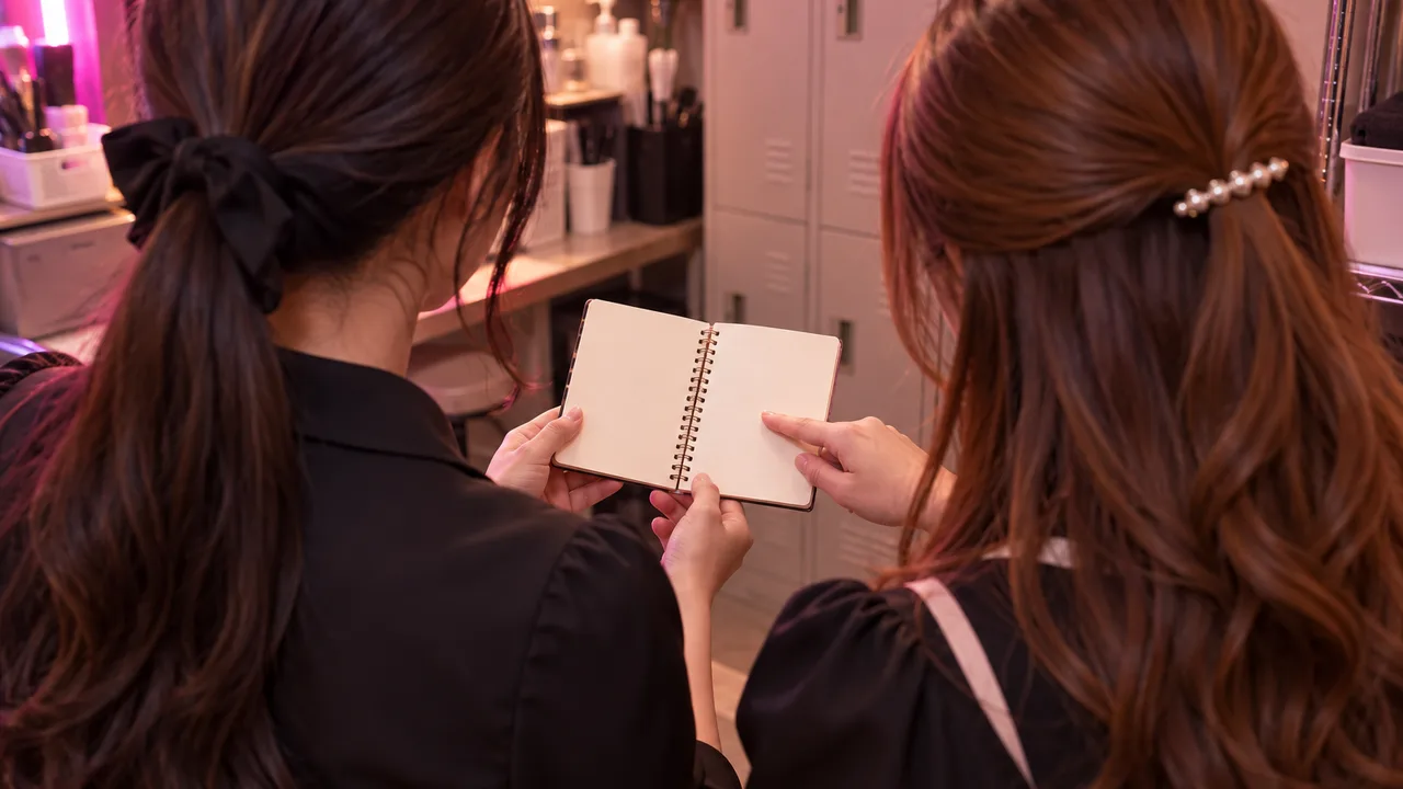 宵の店のバックヤードで、先輩スタッフが新人にメモを見せながら手順を説明している手元