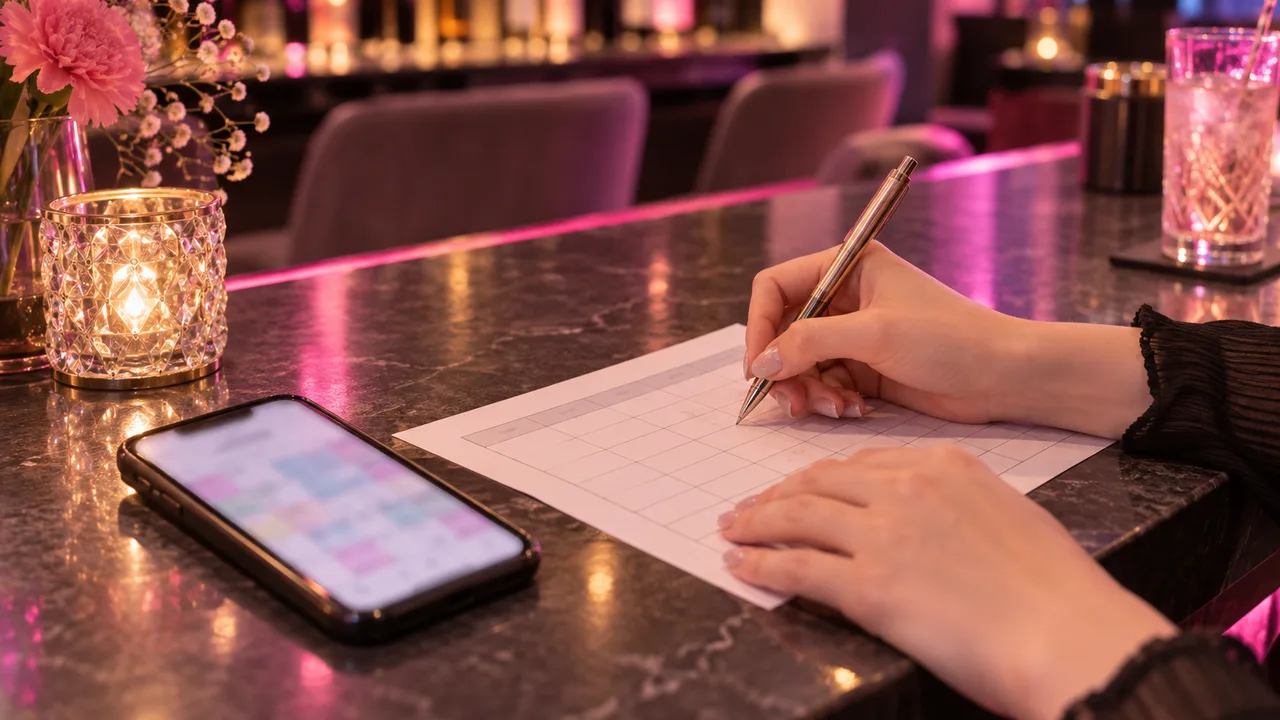 宵の店内カウンターで、スマホと紙のシフト表を並べて出勤希望を書き写す手元