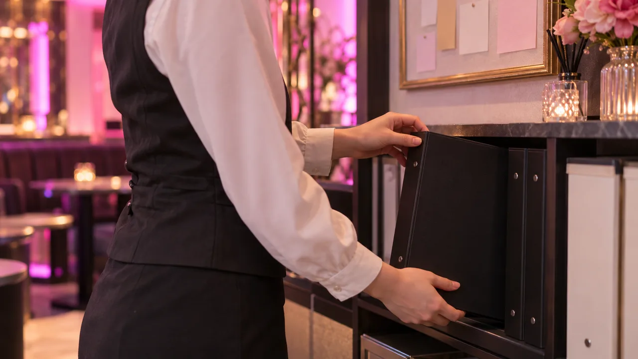 宵の店内で、許可証の掲示と名簿のファイルを棚から取り出す手元